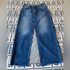 Long Zara Denim Skirt with Front Slit, Size Large